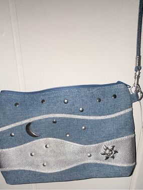 Denim Moon & Sun Wristlet adjustable and shoulder strap